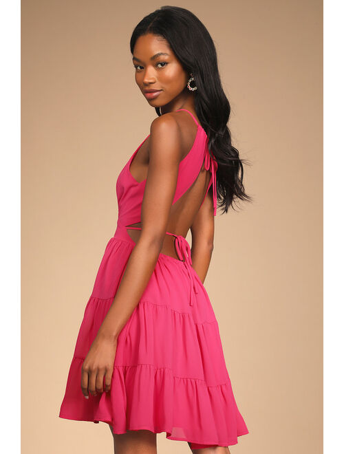 Lulus Being Your Sweetheart Magenta Tie-Back Tiered Midi Dress