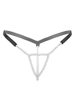 Freebily Women Stretchy Pearls Bikini Intimate Massage Chain G-String T Back Thongs Tangas Underwear