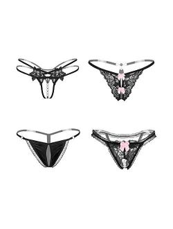 Nightaste Women's Floral Lace Lingerie Thong Panties 4 Pack Bow-Knot G-string T-back Underwear