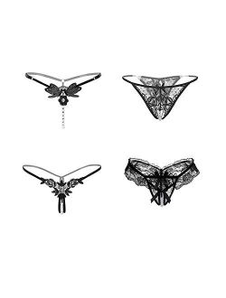 Nightaste Womens Black Lace G-String Panties Pack of 4pcs Stretchy Lingerie Thongs