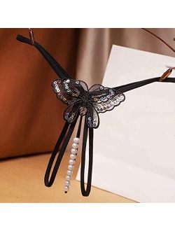 Sekexi Fashion Women Sexy Underwear Cutout Pendant Pearl Beads Embellished Lace Butterfly G-String Thong Underpants