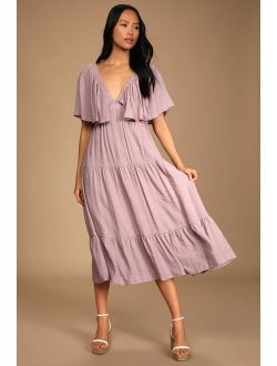 Breeze to Be Mauve Purple Short Sleeve Tiered Midi Dress