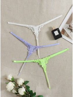 3pcs Contrast Guipure Lace Pearl Beaded Thong