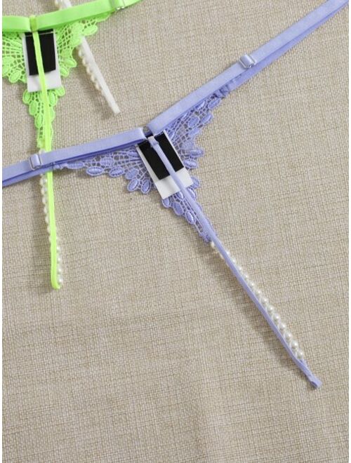 SHEIN 3pcs Contrast Guipure Lace Pearl Beaded Thong