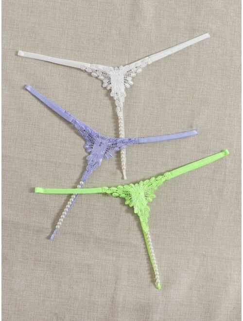 SHEIN 3pcs Contrast Guipure Lace Pearl Beaded Thong