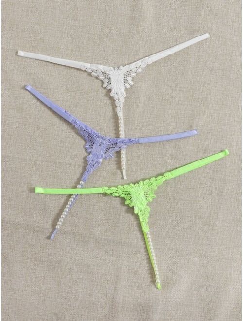 SHEIN 3pcs Contrast Guipure Lace Pearl Beaded Thong