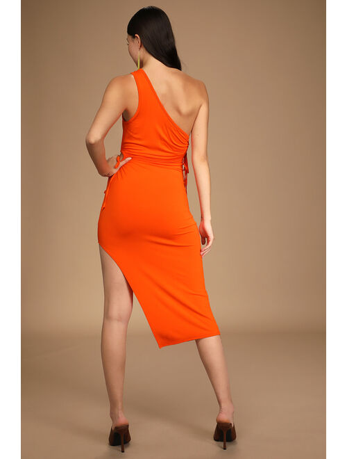 Lulus Heat of the Moment Orange Asymmetrical Cutout Bodycon Midi Dress