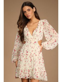 Fancy You Cream Floral Print Tie-Back Long Sleeve Mini Dress
