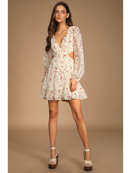 Lulus Fancy You Cream Floral Print Tie-Back Long Sleeve Mini Dress
