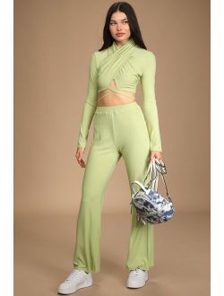 Freestyle 'Fit Light Green Ribbed Wide-Leg Lounge Pants