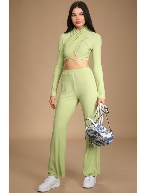 Lulus Freestyle 'Fit Light Green Ribbed Wide-Leg Lounge Pants