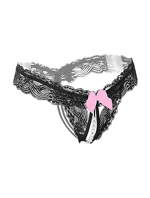 MEOILCE Womens Sexy Lingerie Low Waist Thong Hollow Lace Panties Silky Bikini Briefs Comfortable Pearl Silky