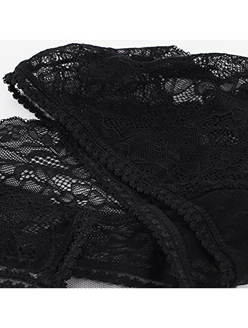 PERAMBRY Women's Lace Stretch Sexy Thong Crotchless Bikini Panties Bow Tie Breathable Fashionable