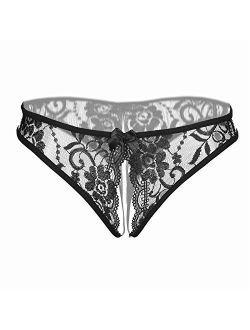 Sukiriya Women Sexy Floral Lace Crotchless Briefs with Cute Bow Center