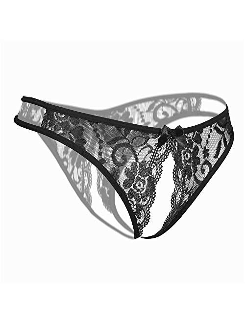 Sukiriya Women Sexy Floral Lace Crotchless Briefs with Cute Bow Center