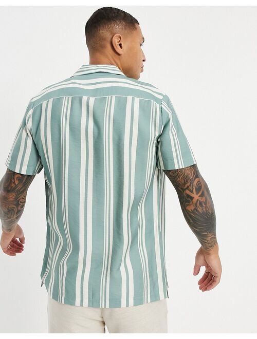 ASOS DESIGN regular revere linen stripe shirt in sage green