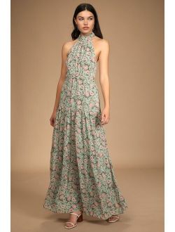 Grow Your Garden Sage Floral Print Tiered Halter Maxi Dress