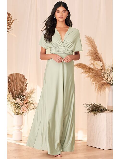 Lulus Truly A Fantasy Light Sage Green Satin Convertible Maxi Dress
