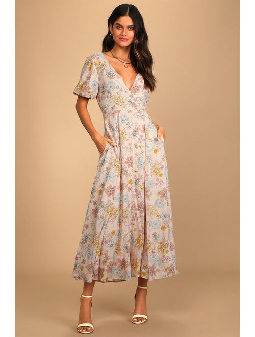 Lulus Flourishing Feelings Pink Floral Print Puff Sleeve Midi Dress