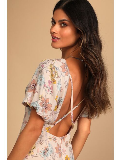 Lulus Flourishing Feelings Pink Floral Print Puff Sleeve Midi Dress