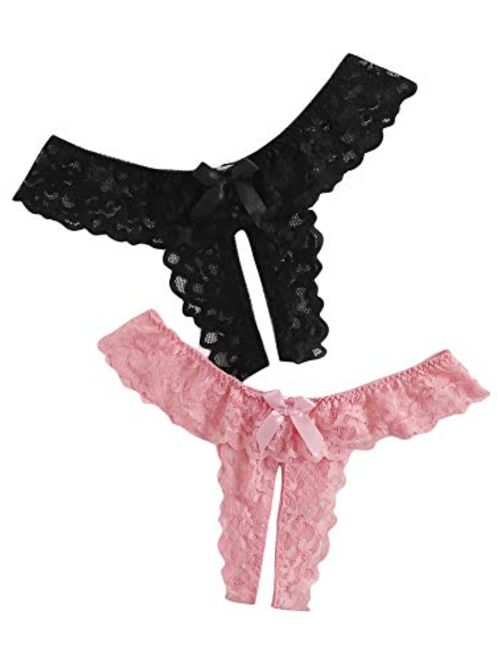 Floerns Women's Plus Size 2 Pack Lace Seamless V-Strings Thong Crotchless Panties Set