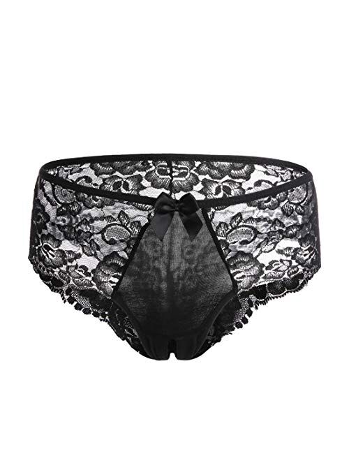 VERANO Women's Crotchless Underwear Lace bow Briefs Panties Silky Comfy Bikini