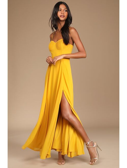 Lulus Cause for Commotion Golden Yellow Pleated Bustier Maxi Dress