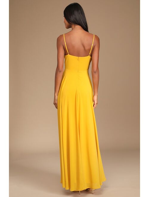 Lulus Cause for Commotion Golden Yellow Pleated Bustier Maxi Dress