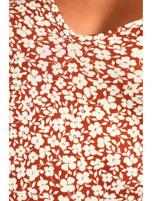 Lulus Each and Every Bloom Rust Brown Floral Print Sleeveless Bodysuit