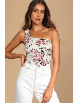 Blooming Bounty Ivory Floral Print Knotted One-Shoulder Bodysuit