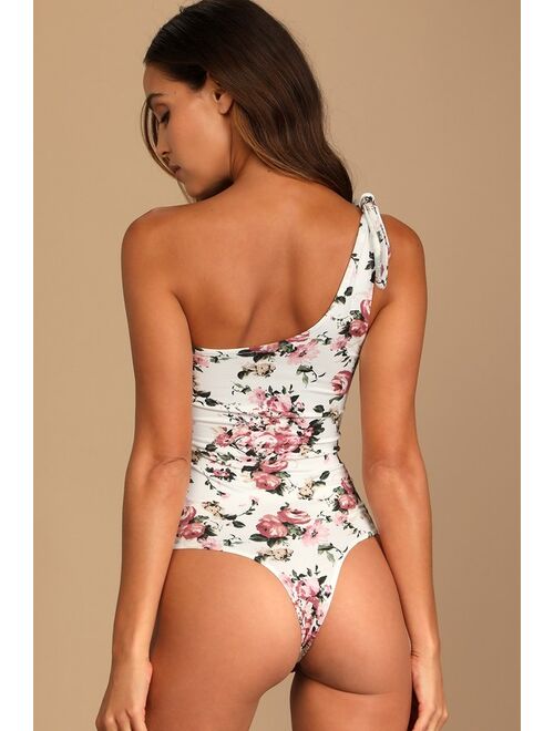 Lulus Blooming Bounty Ivory Floral Print Knotted One-Shoulder Bodysuit