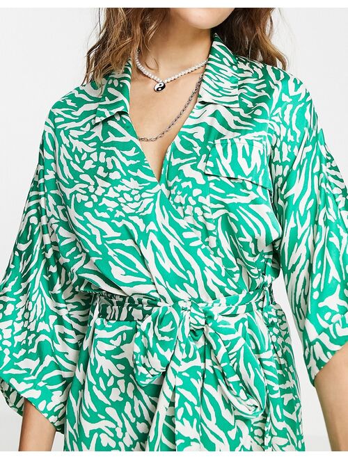 Topshop satin zebra midi shirt dress in green