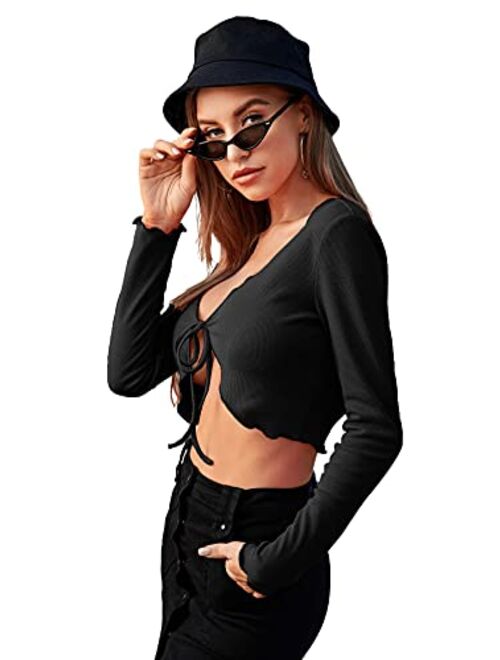 SweatyRocks Women's Tie Up Open Front Long Sleeve Crop Top T Shirt