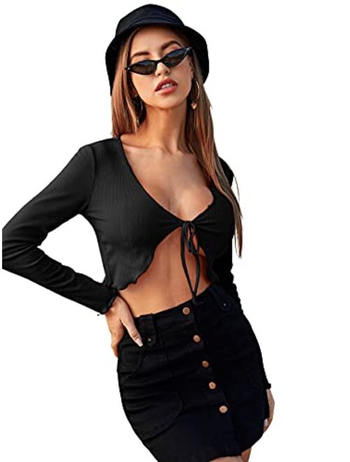 SweatyRocks Women's Tie Up Open Front Long Sleeve Crop Top T Shirt