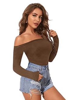 Women's Sexy Off Shoulder Long Sleeve T-Shirt Solid Slim Fit Tees