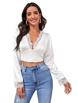 Women's Sexy Button Front Deep V Neck Bishop Sleeve Crop Top Blouses