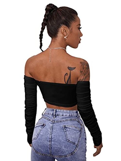 SweatyRocks Women's Elegant Off Shoulder Long Sleeve Drawstring Crop Tops Blouse Shirt
