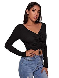 Women's Long Sleeve Drawstring Ruched Front Ribbed Knit Crop Top