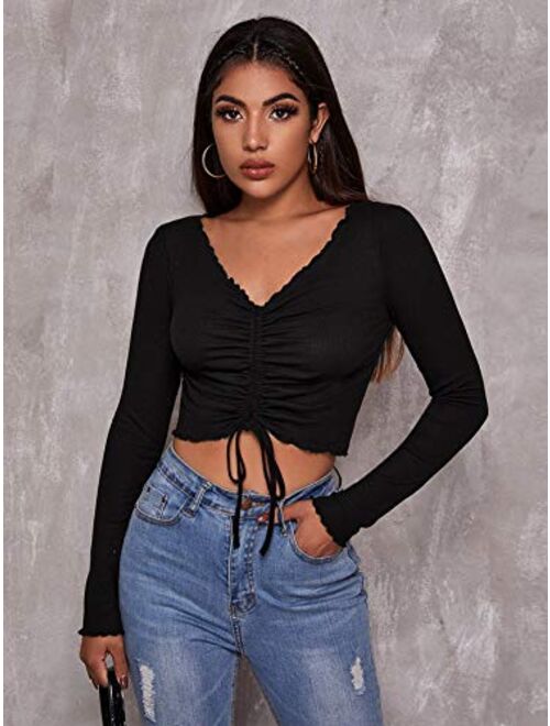 SweatyRocks Women's Long Sleeve Drawstring Ruched Front Ribbed Knit Crop Top