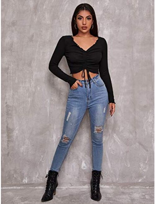 SweatyRocks Women's Long Sleeve Drawstring Ruched Front Ribbed Knit Crop Top