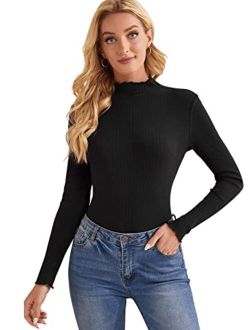 Women's Casual High Neck Long Sleeve Ribbed Tee Slim Fit Stretch Striped Knit T Shirts