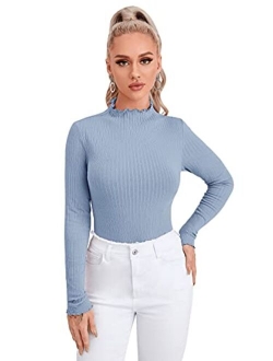 Women's Casual High Neck Long Sleeve Ribbed Tee Slim Fit Stretch Striped Knit T Shirts