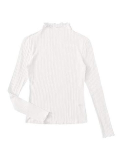 Women's Casual High Neck Long Sleeve Ribbed Tee Slim Fit Stretch Striped Knit T Shirts