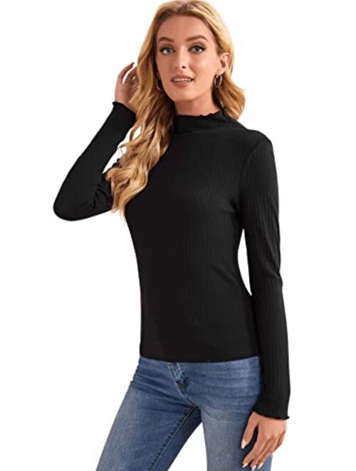 SweatyRocks Women's Casual High Neck Long Sleeve Ribbed Tee Slim Fit Stretch Striped Knit T Shirts
