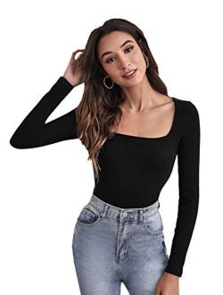 Women's Long Sleeve Scoop Neck Tee Top Slim Fit Ribbed Knit T-Shirt