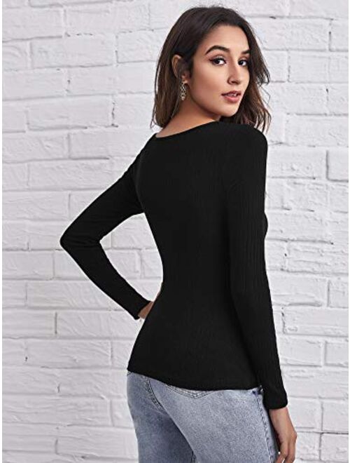SweatyRocks Women's Long Sleeve Scoop Neck Tee Top Slim Fit Ribbed Knit T-Shirt