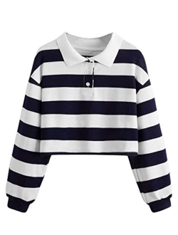 Women's Long Sleeve T-Shirt Button Front Striped Polo Shirt