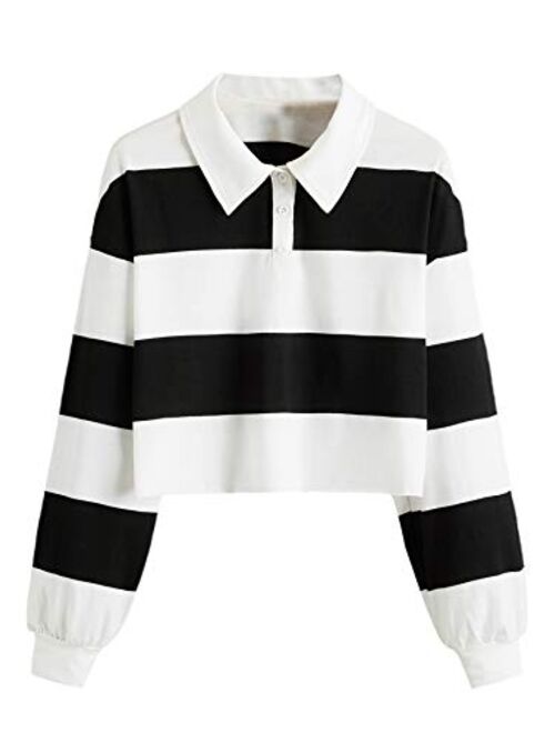 SweatyRocks Women's Long Sleeve T-Shirt Button Front Striped Polo Shirt