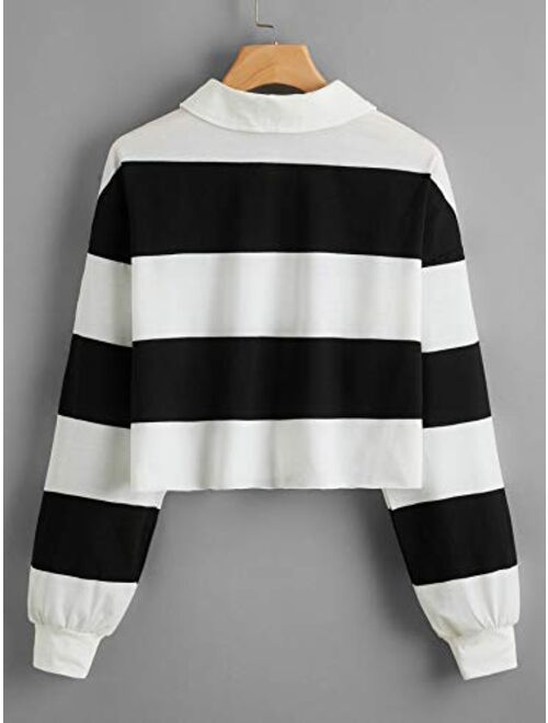 SweatyRocks Women's Long Sleeve T-Shirt Button Front Striped Polo Shirt