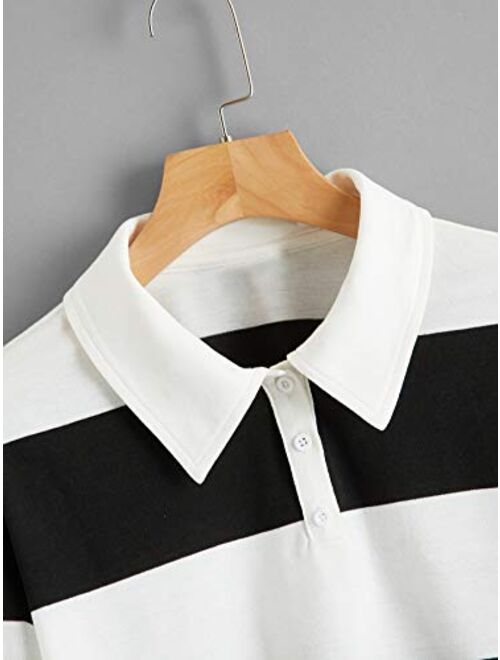 SweatyRocks Women's Long Sleeve T-Shirt Button Front Striped Polo Shirt